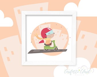 Lindo osito de peluche en scooter felizmente conduciendo por la ciudad, oso de peluche que conduce moto imprimible, Scooter decoración de la habitación de los niños, guardería de los niños