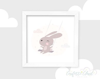 Swinging Bunny imprimible imagen, arte de la pared, descarga instantánea, bebé, guardería, decoración de la habitación de los niños, decoración linda, ilustración, impresión versátil