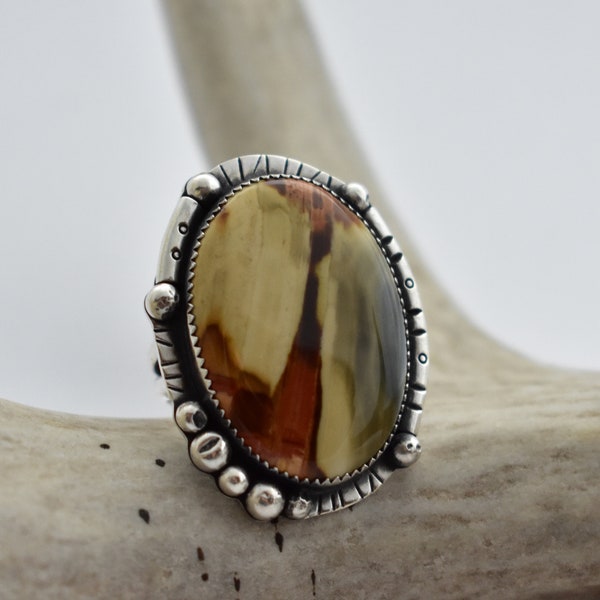 Size 8 Polychrome Jasper and Sterling Silver Statement Ring, Large Cocktail Ring, Heavy Silver Jewelry