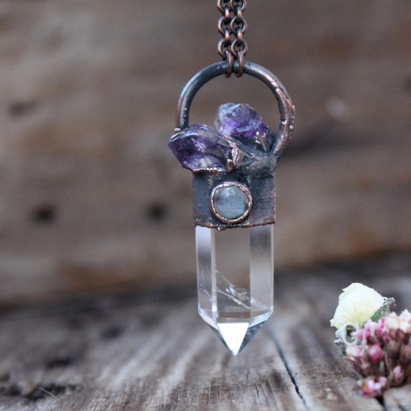 Clear Quartz Point Necklace • Amethyst Crystal Quartz • Moon Stone • Rustic • One Of A Kind • Electroformed • Boho Style