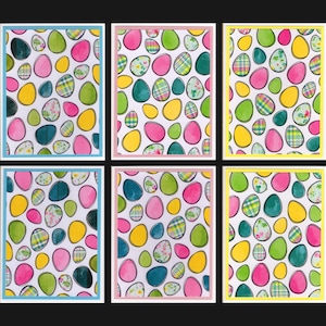May include: Six rectangular prints arranged in two rows, each featuring a repeating pattern of colorful Easter eggs in shades of pink, yellow, green, and teal, with some eggs displaying plaid or floral designs, all set against a white background.