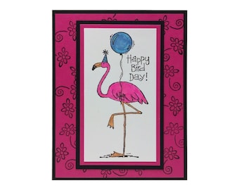 Flamingo Birthday Card With Funny Inside Sentiment: 'Happy Bird Day' Balloon