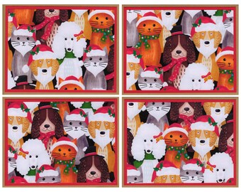 Set Of 4 Christmas Dogs And Cats Notecards, Winter Santa Hats Canine Feline Cards With Inside Greeting