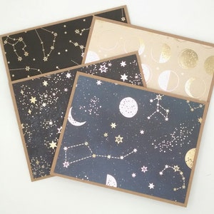 Note Cards Set Of 8. Stars & Moon, Universe, Galaxy, Moon Phase, Any Occasion, Thank You, Gold Foil, Kraft Stationery Set