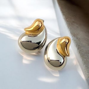 two tone drop earrings, bottega drop earrings, chunky teardrop earrings, mixed metal statement earrings, gold and silver earrings