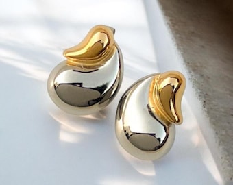 two tone drop earrings, bottega drop earrings, chunky teardrop earrings, mixed metal statement earrings, gold and silver earrings
