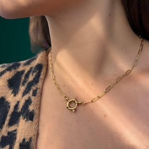 Könnte beinhalten: Eine goldene Kettenkette mit einem einzigartigen, gedrehten Ringverschluss. Die Kette ist aus einer zarten Kette gefertigt und ist ein schlichtes, aber stilvolles Schmuckstück.