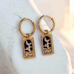 Knight of cups tarot earrings, tarot jewelry, mystical jewelry, 18k gold plated tarot jewelry, knight of cups tarot card, tarot huggies