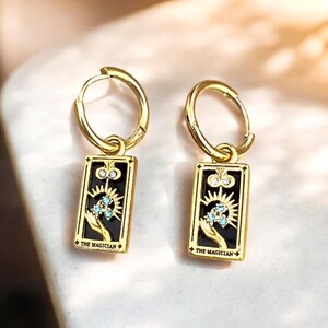The magician tarot earrings, tarot jewelry, mystical jewelry, 18k gold plated tarot earrings, the magician tarot card, tarot huggies