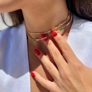 rainbow tennis necklace, colorful tennis necklace, rainbow necklace, tennis chain, gold plated tennis necklace, rainbow choker