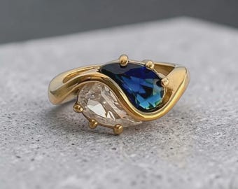 Anillo de circonita azul talla pera, anillo envolvente de acero inoxidable chapado en oro de 18k, anillo de piedras preciosas de colores