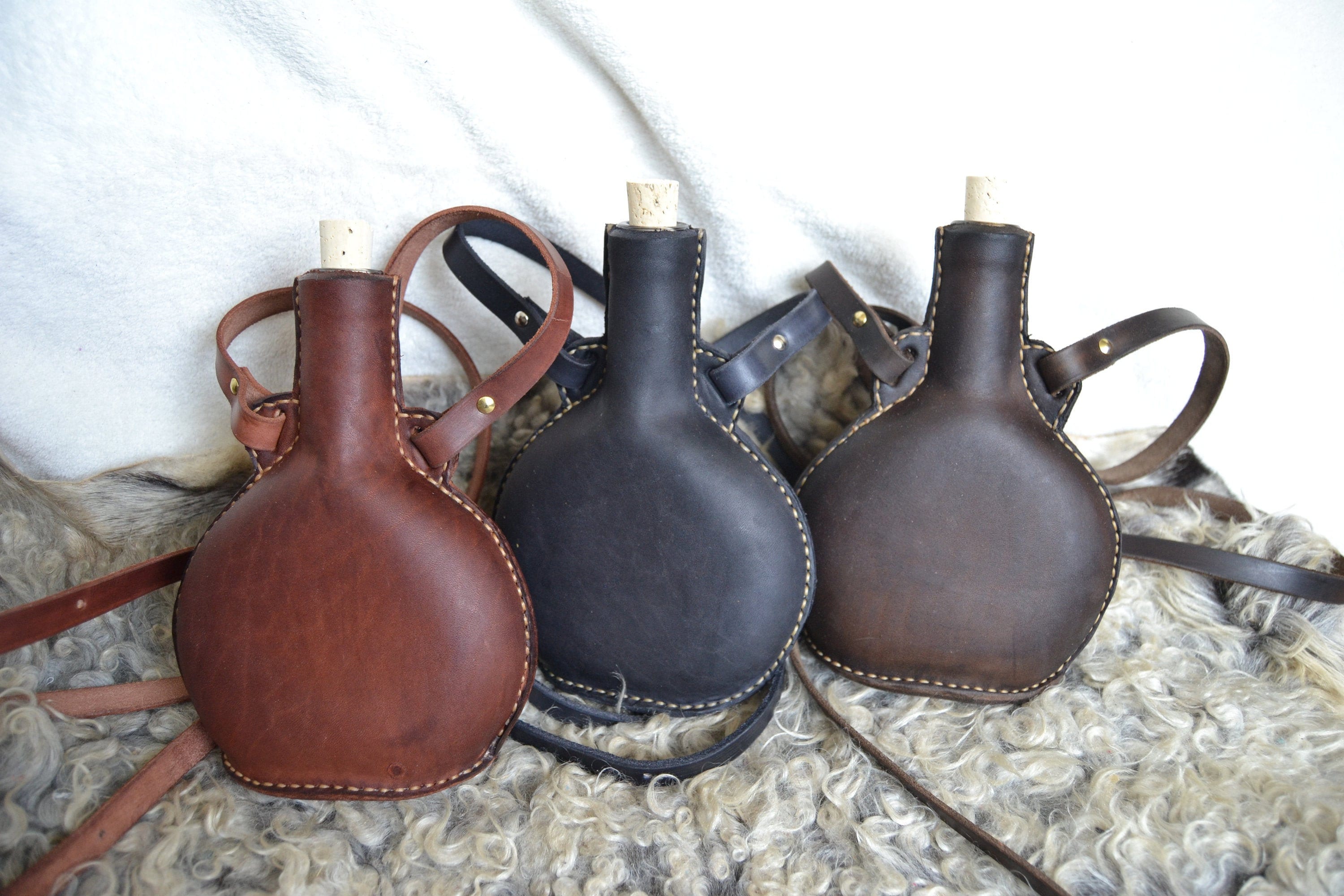 500 ml (1 pint) glass leather bottle, Medieval leather flask, Medieval