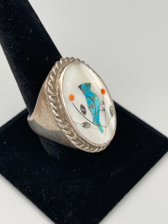 Vintage Zuni Inlaid Bluebird Ring Unmarked Size 11