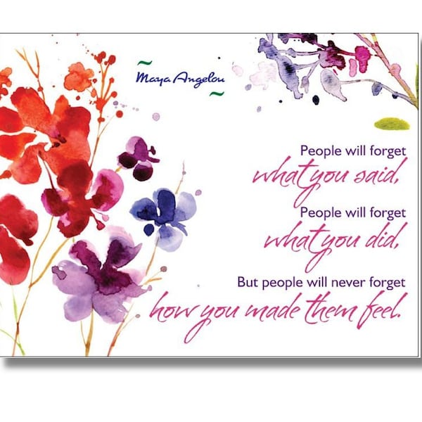 Maya Angelou Set of 20 Postcards featuring the poet's quote, "... People will never forget how you made them feel."  Stationery, gift insert