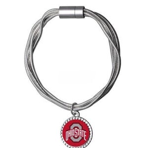 May include: A silver bracelet with a magnetic clasp and a charm featuring the Ohio State logo in red and gray.