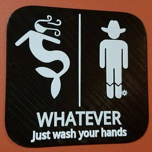 Mermaid & Cowboy Whatever Just Wash Your Hands Gender Neutral Bathroom Restroom Sign 3D Printed image 1