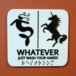 Mermaid Unicorn Bathroom Sign Whatever Just Wash Your Hands Gender Neutral Restroom image 3