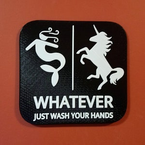 Mermaid Unicorn Bathroom Sign Whatever Just Wash Your Hands Gender Neutral Restroom image 1