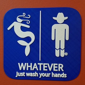 Mermaid & Cowboy Whatever Just Wash Your Hands Gender Neutral Bathroom Restroom Sign 3D Printed image 3