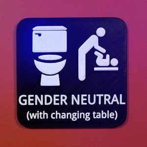 May include: Black and white sign with the text "GENDER NEUTRAL (with changing table)". The sign features a white toilet and a white stick figure changing a baby's diaper.