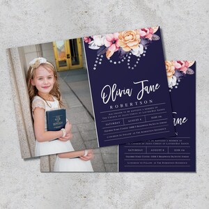 Pode incluir: Um convite de batismo azul e branco com um design floral e uma foto de uma menina segurando um livro. O convite inclui o nome Olivia Jane Robertson, a data e a hora do batismo, e o local. O texto do convite diz: "Escolheu ser batizada membro da Igreja de Jesus Cristo dos Santos dos Últimos Dias. Sábado, 6 de agosto, 12:00 PM, Oquirrh Stake Center - 11008 S. Braidwood Dr. South Jordan. Almoço após a cerimônia na residência Robertson."