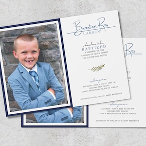 May include: Baptism invitation featuring a photo of a smiling boy in a blue suit. The invitation text includes the name "Braxton Ross Larsen" and details about the baptism ceremony, including the date, time, and location.