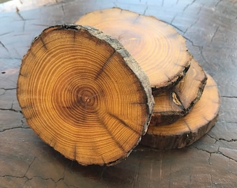 May include: Four wooden coasters made from tree slices, showing the natural grain and rings of the wood. The coasters are stacked on top of each other.