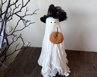 Handmade Halloween Cheesecloth Ghost with Witch Hat and pumpkin