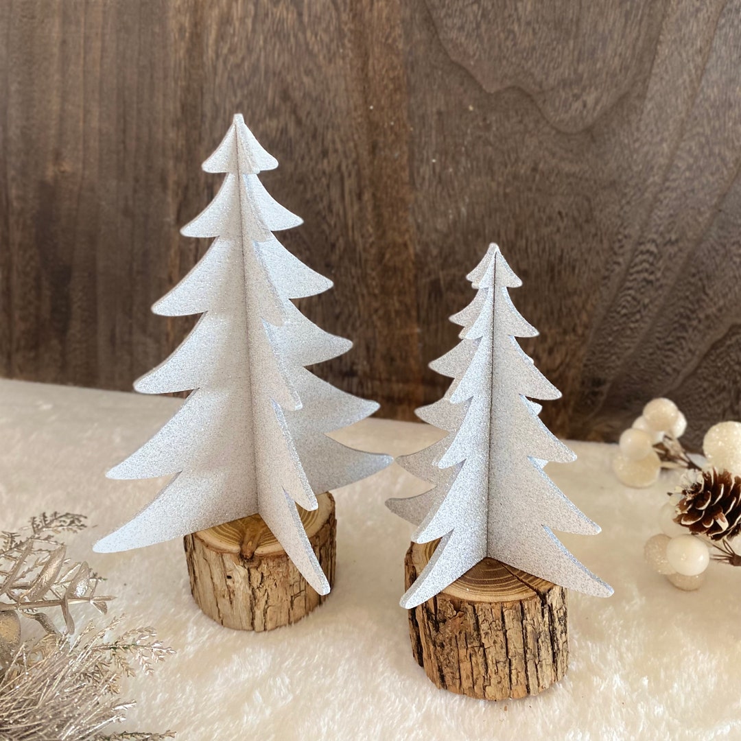 Silver Glitter White Christmas Tree Decorations on Wooden Stumps (2 ...