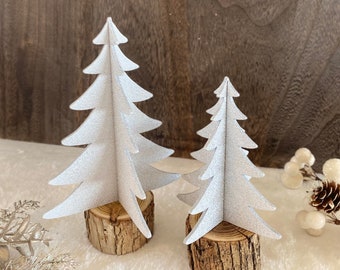 Silver Glitter White Christmas Tree Decorations on Wooden Stumps (2 piece set)