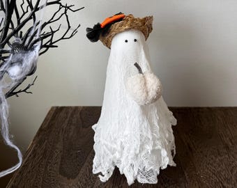 Handmade Halloween Cheesecloth Ghost with Pumpkin & Hat