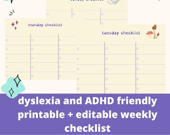 ADHD and Dyslexia Friendly Editable + Printable Weekly Checklist [téléchargement PDF instantané]