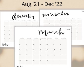 Druckbarer Minimalistischer Kalender [Sofortiger PDF-Download] Vom Aug '21 - Dez '22 | 20x30cm