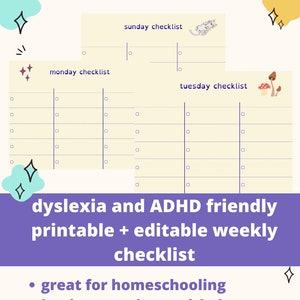 ADHD and Dyslexia Friendly Editable Printable Weekly Checklist instant PDF download image 1