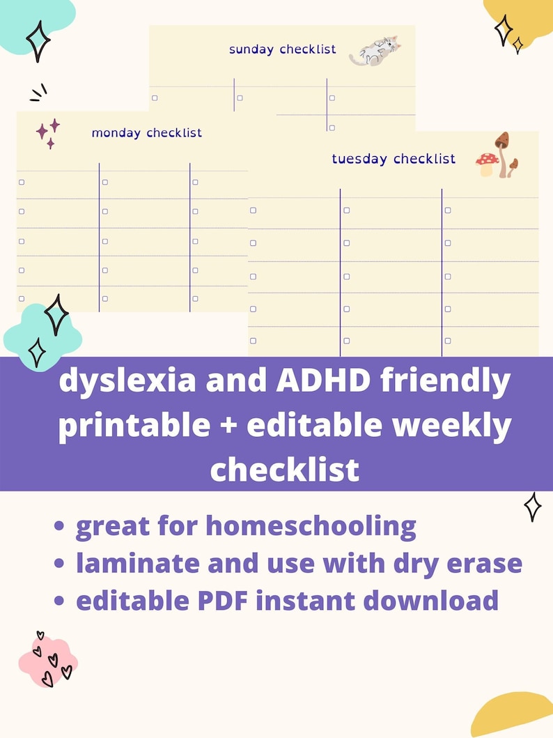 ADHD and Dyslexia Friendly Editable Printable Weekly Checklist instant PDF download image 1