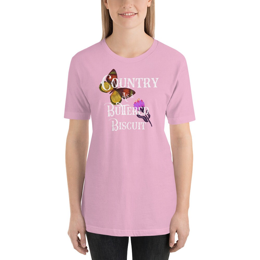 Funny Ladies T Shirt, Country As A Buttered Biscuit, Ladies Gift, Mom Gift, Short-Sleeve Lilac Unisex T-Shirt
