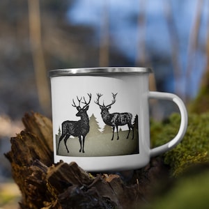 Camping Mug, Deer Hunting, Hunting Mug, Outdoor Mug, Campfire Mug, Travel Mug, Scenes on Both Sides Enamel Mug