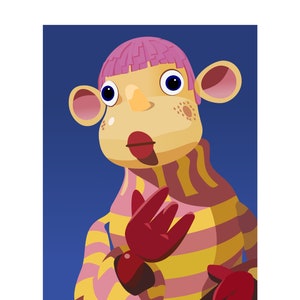 Peut inclure: Une marionnette de dessin animé avec des cheveux roses, de grandes oreilles et un pull rayé jaune et rose. La marionnette porte des gants rouges et a une expression surprise sur son visage.