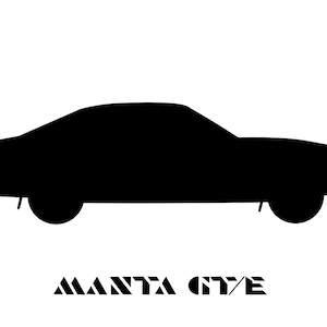 May include: Black silhouette of a classic coupe car with the text "MANTA GYE" in a stylized font at the bottom. The car has a sleek, low profile with visible wheels and a sloping roofline.