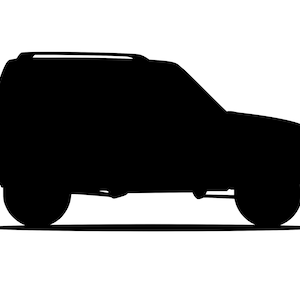 Puede incluir: Silueta de un SUV negro con un portaequipajes en el techo. El vehículo está orientado hacia la derecha y tiene cuatro ruedas.