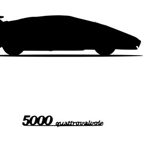 Op de afbeelding: Zwarte silhouet van een sportwagen met de tekst "5000 quattrovalvole" eronder.