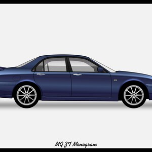 Op de afbeelding: Illustratie van een donkerblauwe sedan met zilveren wielen en een spoiler. De auto heeft een strak design met getinte ramen. De tekst "MG ZT Monogram" staat onderaan.