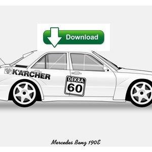 Puede incluir: Un coche de carreras Mercedes Benz 190E blanco con una pegatina negra de K'archer en el lateral y una pegatina de DEKRA 60. El coche tiene un gran alerón trasero y un botón de descarga encima.