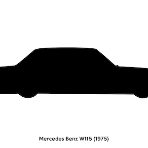 May include: A black silhouette of a Mercedes Benz W115 (1975) car.