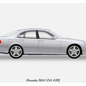 May include: A silver Mercedes-Benz W211 E55 AMG sedan, viewed from the side. The car has black wheels and a black interior.