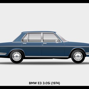 May include: A side view of a blue 1974 BMW E3 3.0Si sedan.