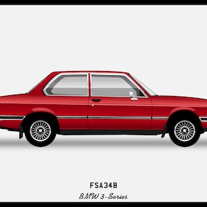 May include: A red BMW 3-Series car, side view, with the text "FSA34B" and "BMW 3-Series" below the car.
