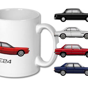 May include: White ceramic mug with a red car graphic and the text "E24". The image also shows illustrations of four classic cars in black, silver, red, and blue. A design for car enthusiasts.