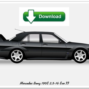 Puede incluir: Un coche Mercedes Benz 190E 2.5-16 Evo II negro con un gran alerón trasero. El coche se muestra en vista de perfil. La imagen incluye el texto "Download" en un botón verde.
