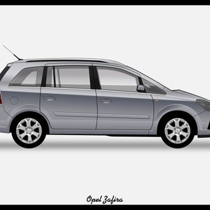 Könnte beinhalten: Ein silberner Opel Zafira Van ist in Seitenansicht dargestellt. Das Auto hat eine schwarze Dachreling und schwarze Fensterverkleidungen.